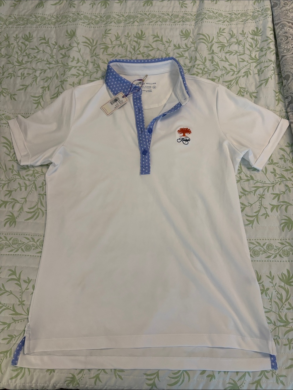 Peter Millar White Polo with Blue Trim KIAWAH logo medium NWT